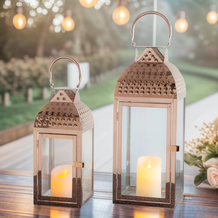 Decorative Metal and Glass Candle Lantern Set with Hinged Door Perforated Dome Top & Carry Handle Bowlift