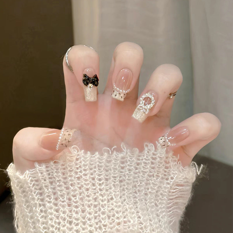 Decorative Press-On Nail Set with Artistic Bow & Glitter Accents Bowlift