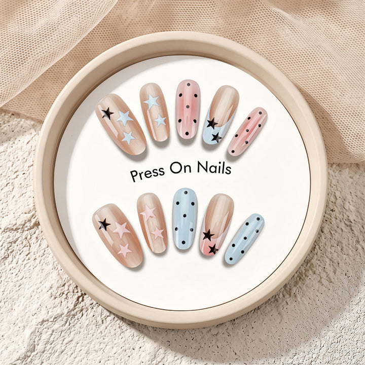 Artistic Press-On Nail Set with Star and Dot Designs Bowlift