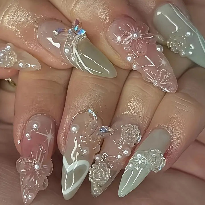 Artistic 3D Floral Acrylic Press-On Nails Bowlift