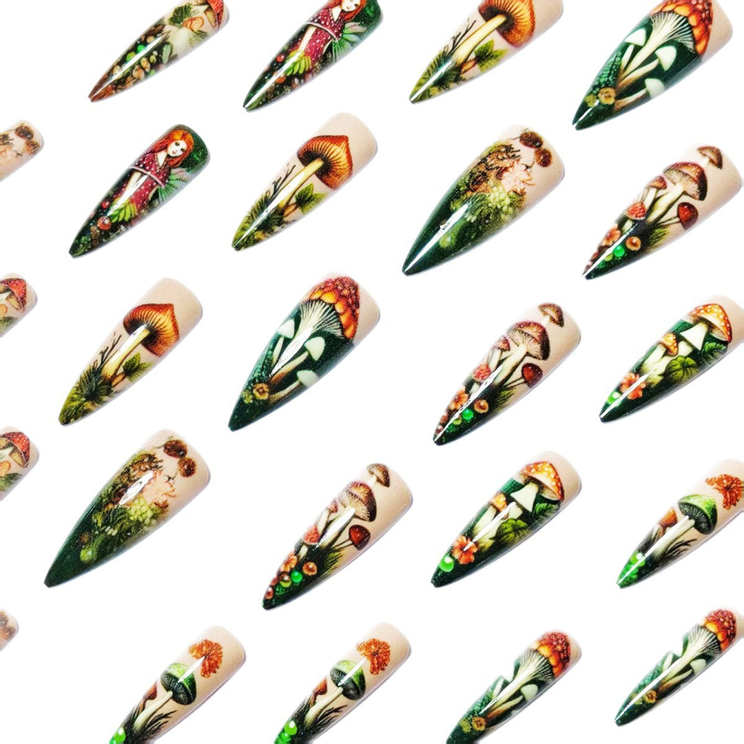 Creative artificial nails with playful fairy and mushroom design Bowlift