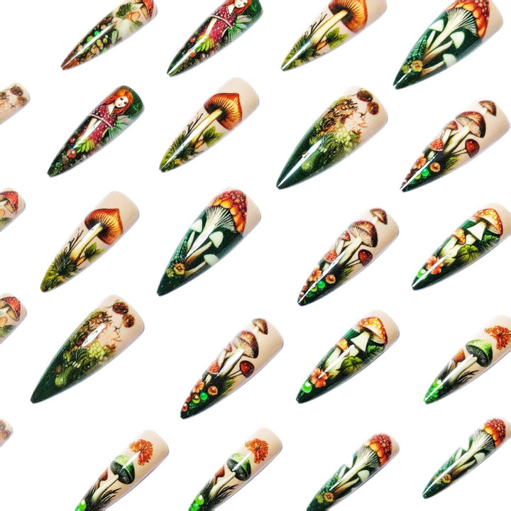 Creative artificial nails with playful fairy and mushroom design Bowlift