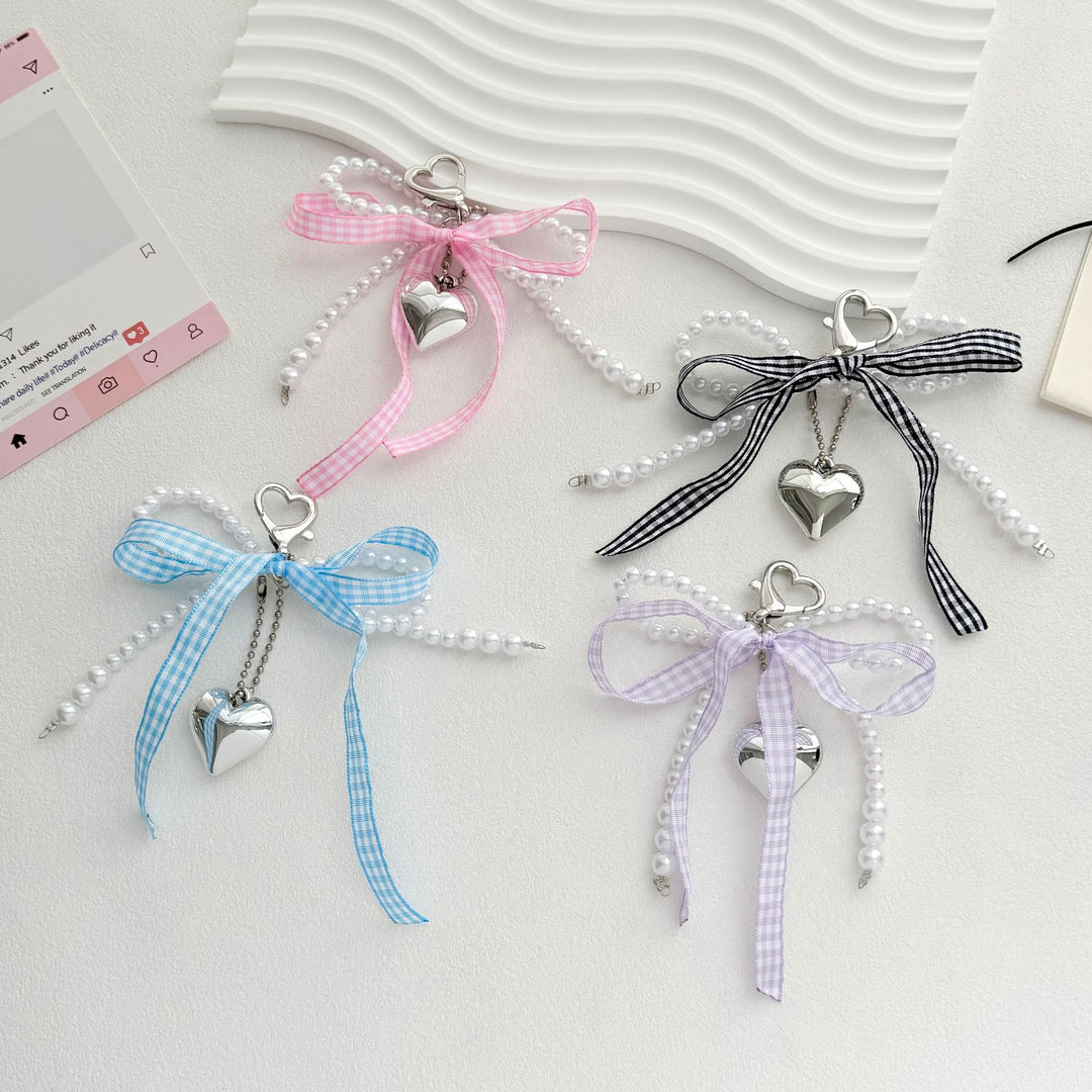 Heart-Shaped Charm Keychain with Pearls and Bow Bowlift