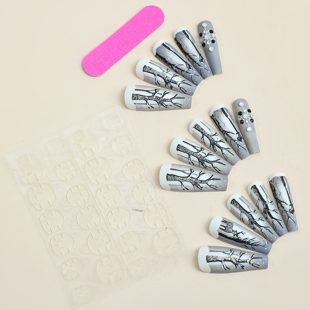 Fashionable Press-On Nail Art Set with Elegant Winter Tree Design Bowlift