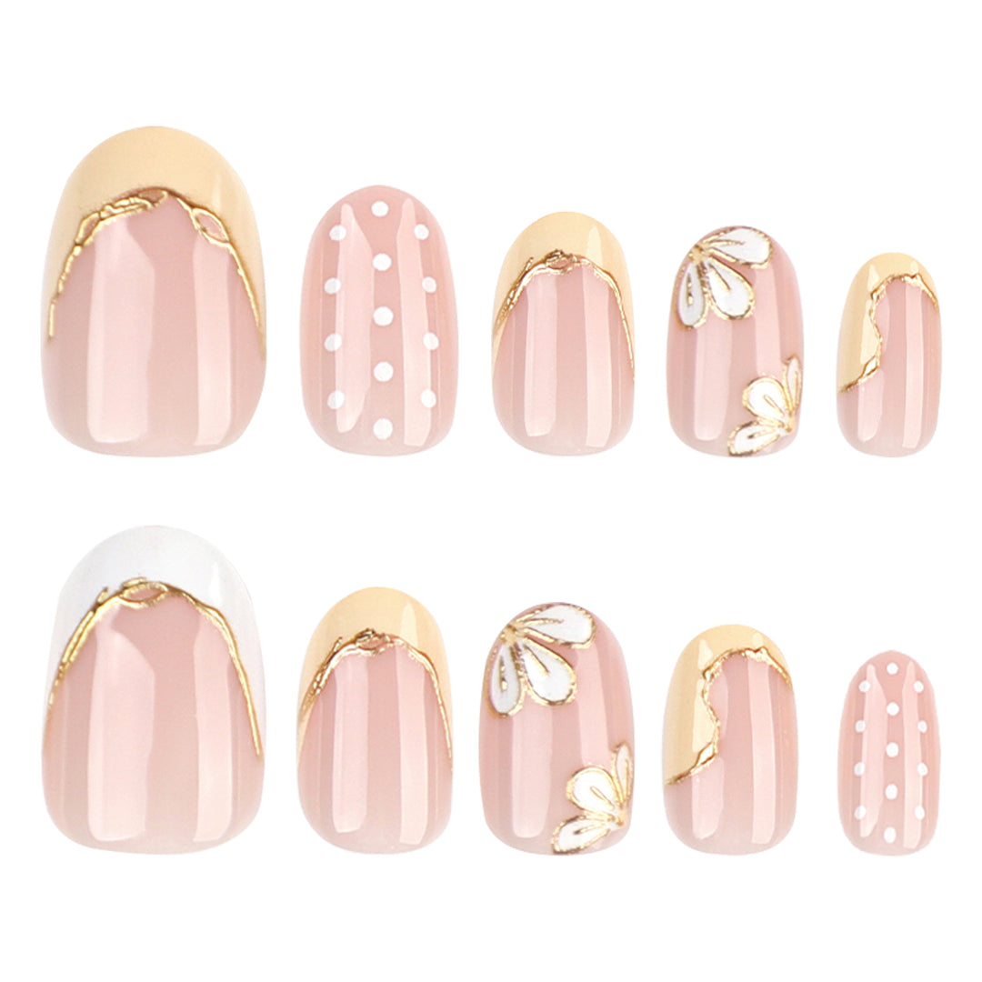 Artful Nail Extensions with Floral Design and Elegant Gold Accents Bowlift