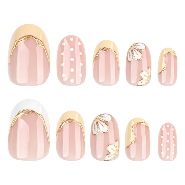Artful Nail Extensions with Floral Design and Elegant Gold Accents Bowlift