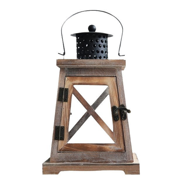 Vintage Farmhouse Glass-Panel Tapered Wooden Lantern with Perforated Metal Chimney Bowlift