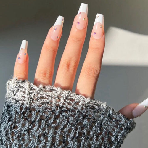 Elegant Iconic French Tip Press-On Nails with Rhinestone Accents Bowlift