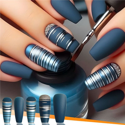 Fashionable Matte Finish Press-On Nails with Metallic Stripes Bowlift