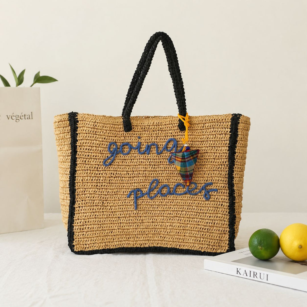 Spacious straw shopping bag with lettering Bowlift