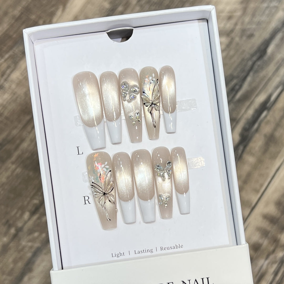Elegant Press-On Nail Art Set with Butterfly and Jewel Accents Bowlift