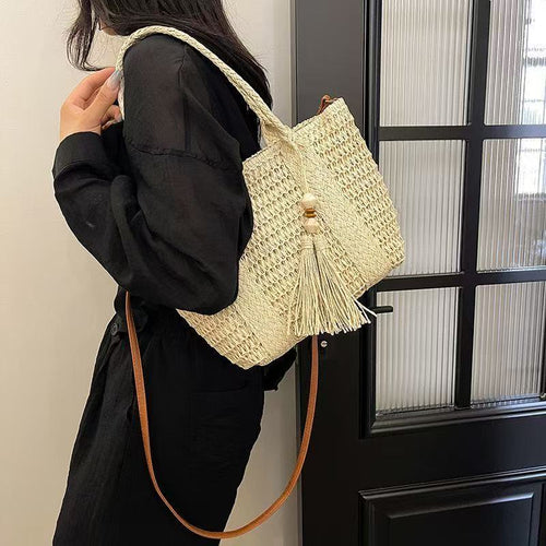 Braided tote bag with tassels and leather details Bowlift