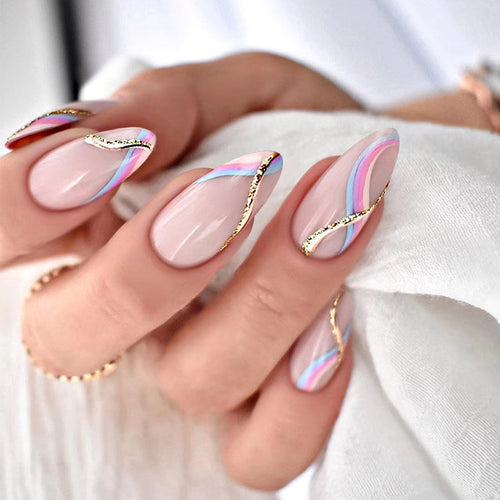 Artful Nail Extensions with Glamorous Gold Design Bowlift