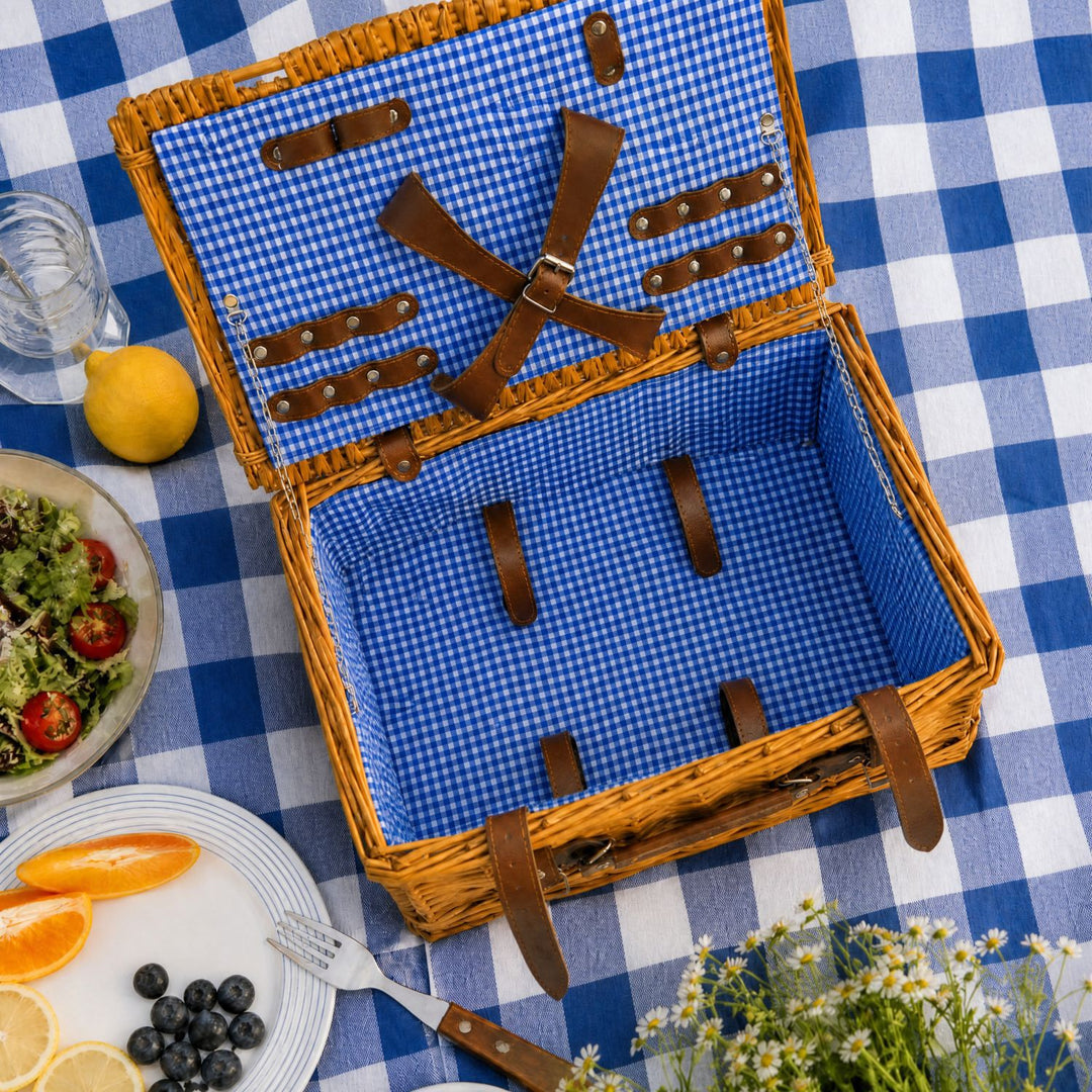 Ladies Luxury Picnic Basket with Offset Dish Compartment and Floral Lining Bowlift