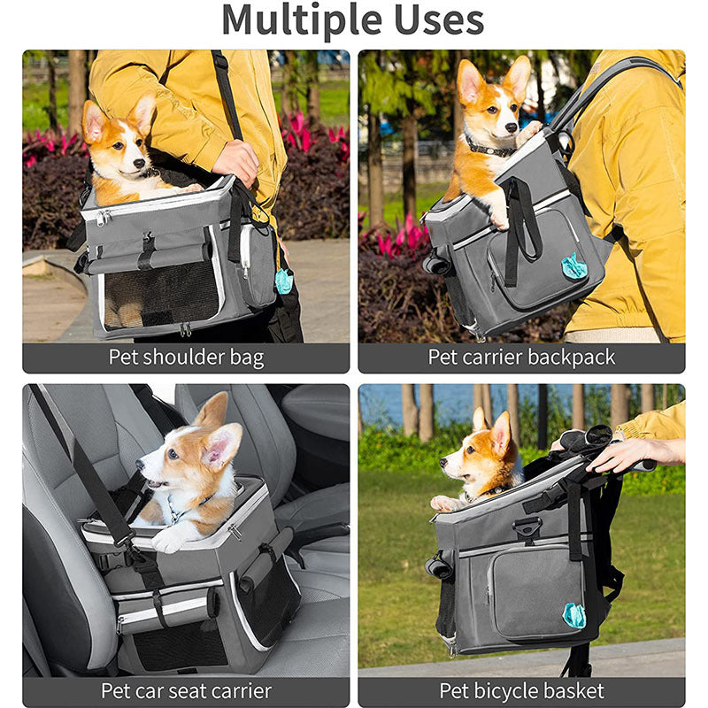 expandable front bike pet carrier basket with dual-access roll-top canopy and organizer pockets Bowlift