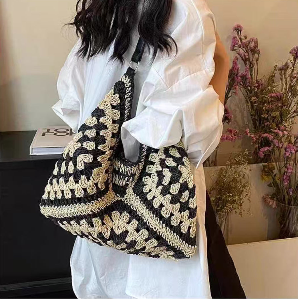 Handbag with Artistic Macrame Design and Flexible Carrying Comfort Bowlift