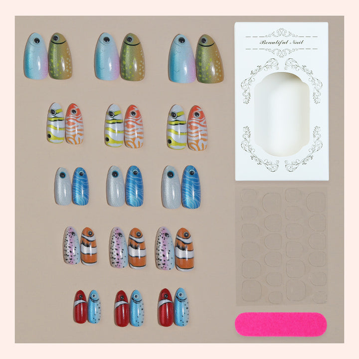 Creative Press-On Nail Art Set with Colorful Fish Designs Bowlift