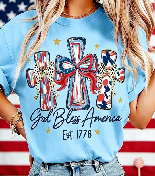 Women's nan patriotic graphic cotton tee with cross ribbon print Bowlift