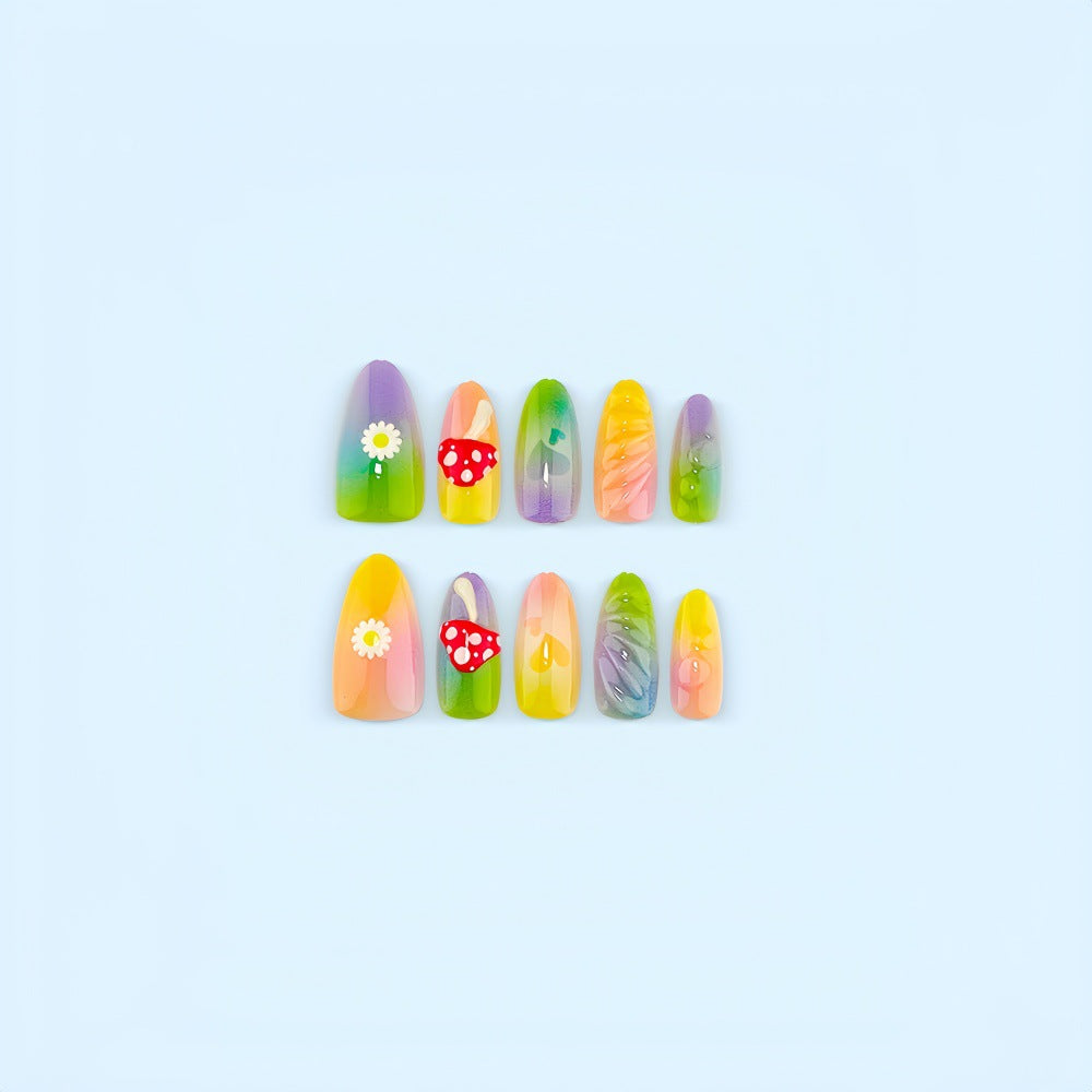 Artificial nails with cheerful flower and mushroom patterns Bowlift