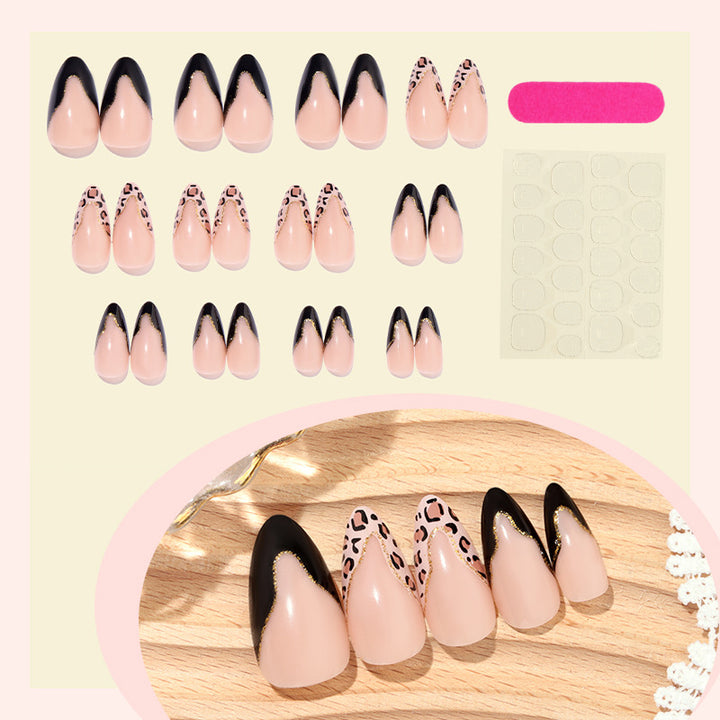 Stiletto Press-On Nail Set with Creative Leopard and Glossy Black Accents Bowlift