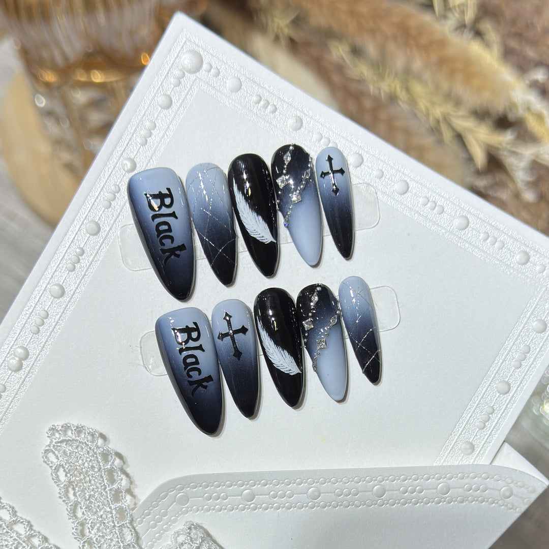 Artistic Press-On Nail Set with Gothic Feather and Cross Design Bowlift