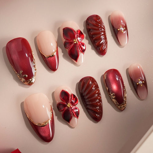 Decorative Press-On Nail Art Set with Floral and Glossy Accents Bowlift