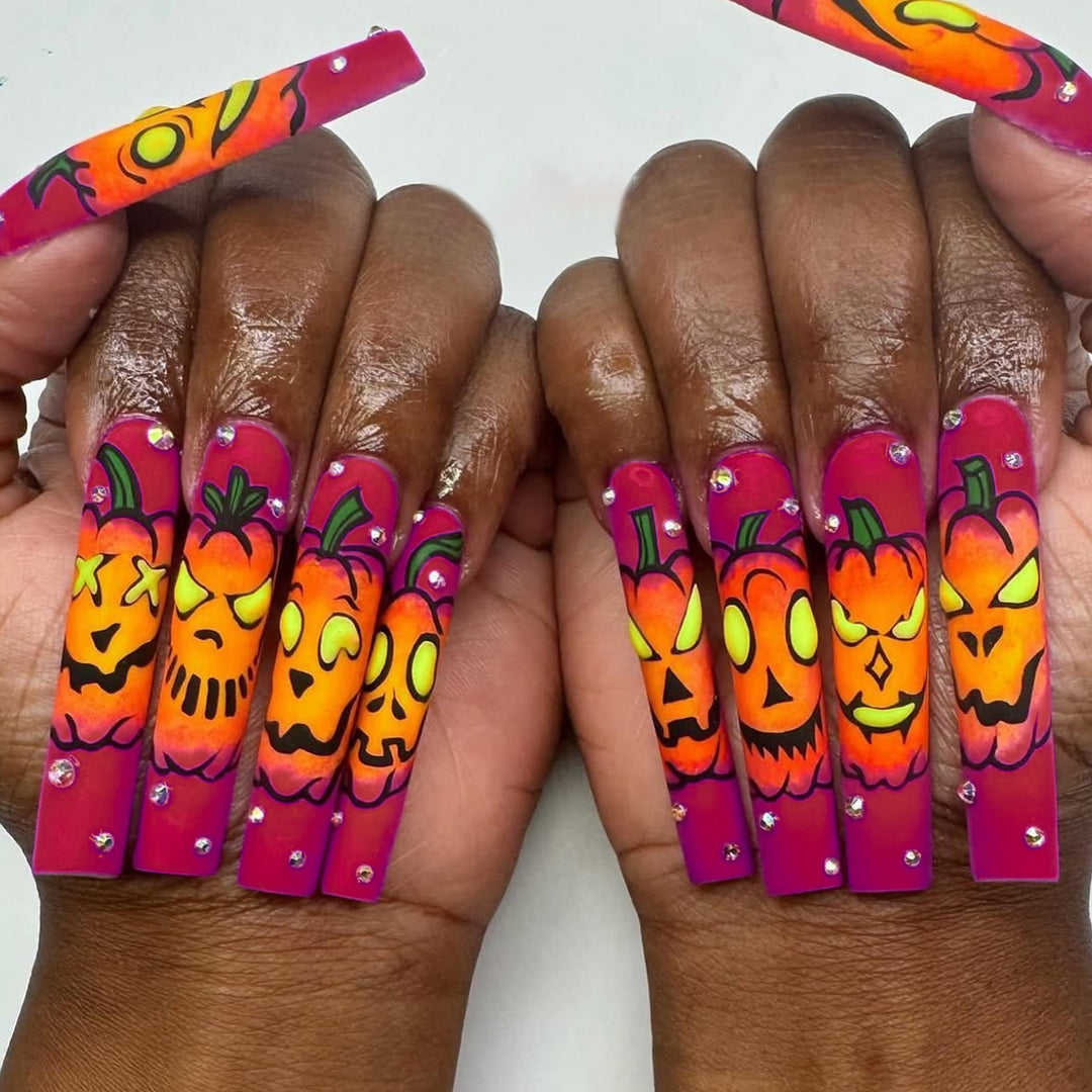 Artistic Press-On Nails with Halloween Pumpkin Design Bowlift