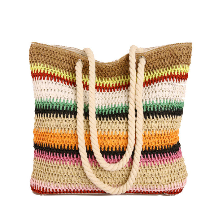 Striped Crochet Beach Tote with Rope Handles and Lined Interior Bowlift
