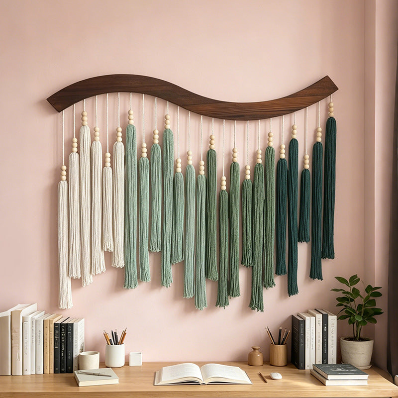 Curved Wooden Rod Macramé Wall Hanging with Long Cotton Tassels Bowlift