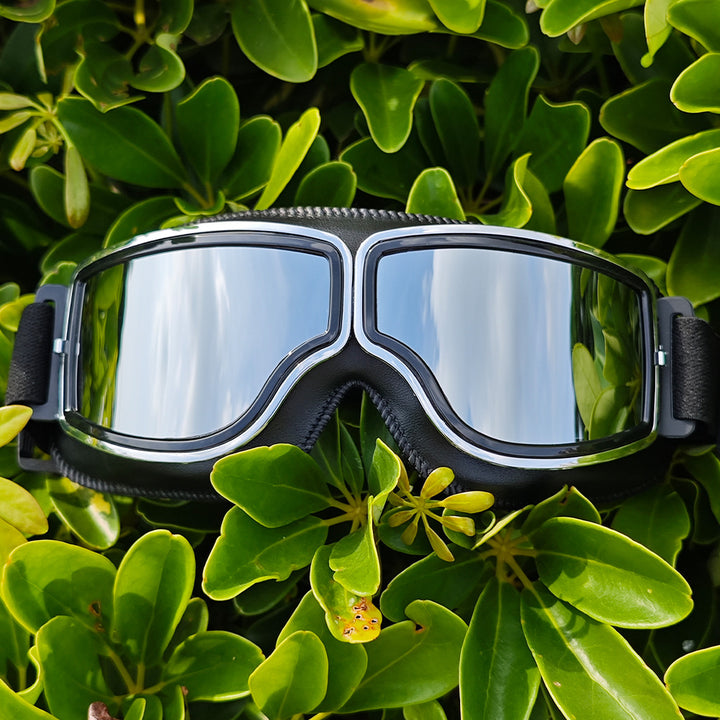 Polarized Mirrored Motorcycle Goggles with Leather Trim and Padded Foam Seal Bowlift