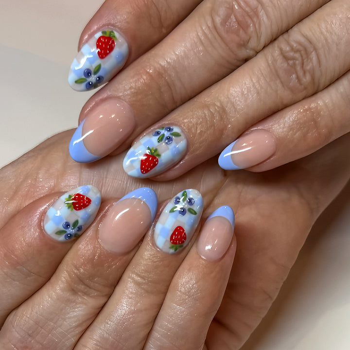 Artistic Strawberry-Themed Press-On Nails Bowlift