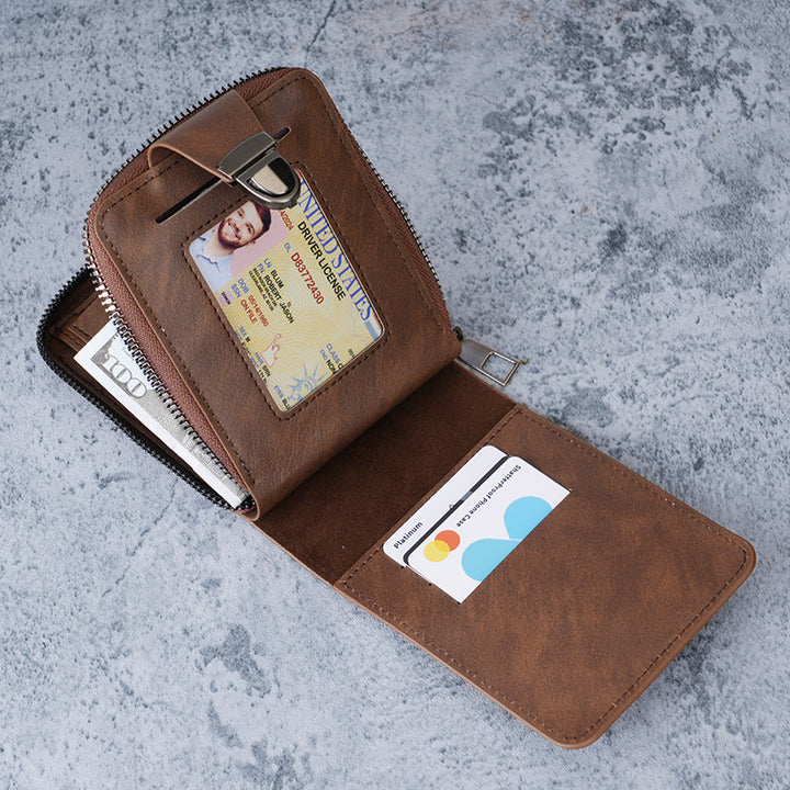 Compact Leather Zip-Around Bifold Wallet with Magnetic Strap Bowlift