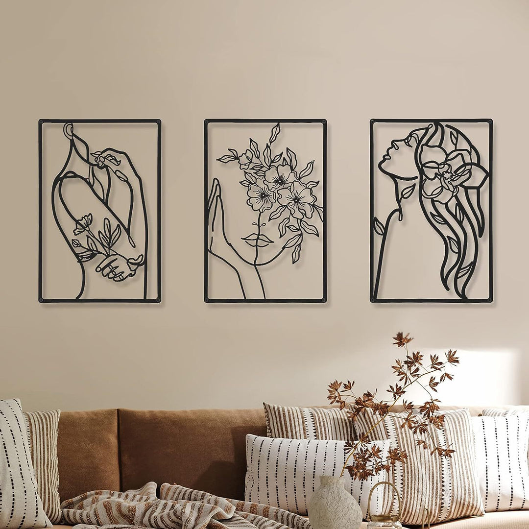 Minimalist Metal Line Art Floral Portrait Triptych Wall Panels Bowlift