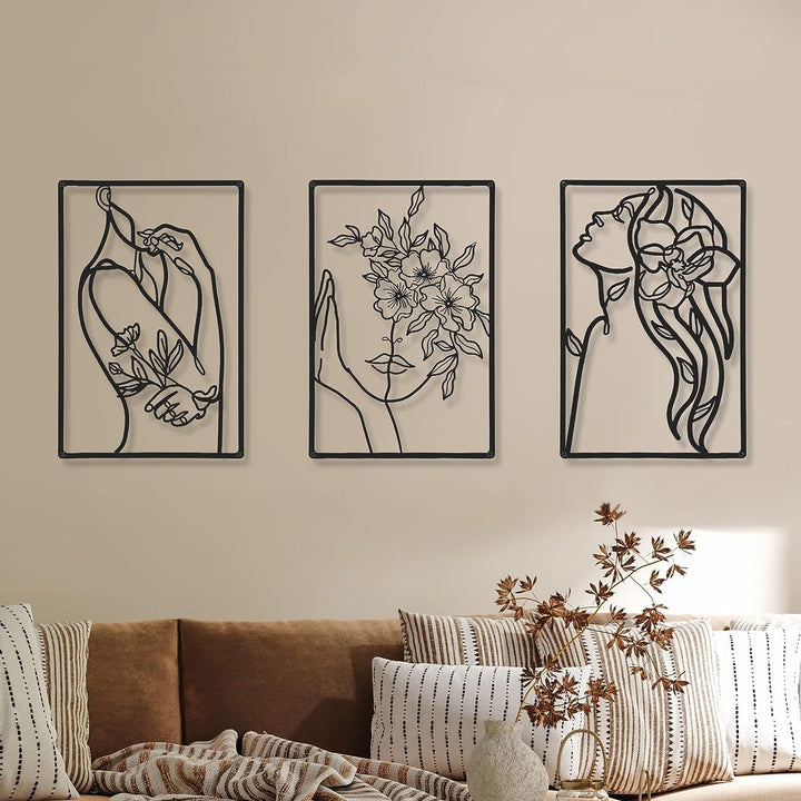 Minimalist Metal Line Art Floral Portrait Triptych Wall Panels Bowlift