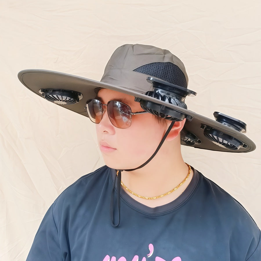 Wide-brimmed sun hat with detachable swivel solar fans and adjustable chin strap Bowlift