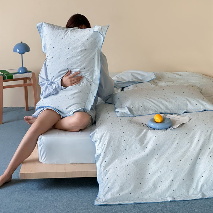 Reversible Cotton Percale Duvet Cover Set with Micro Dot and Pinstripe Texture