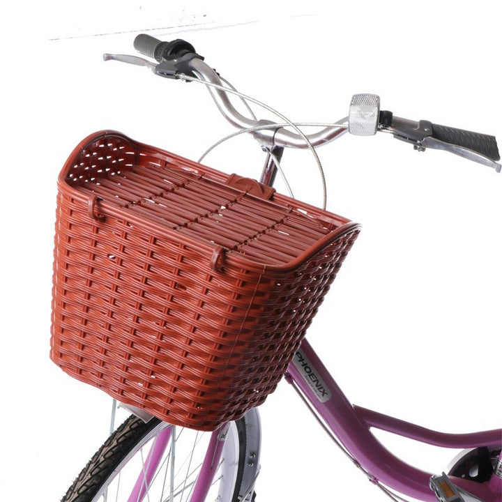 woven front bicycle basket with hinged lid and universal handlebar mount Bowlift