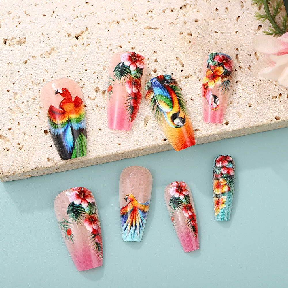 Artificial Nails Set with Tropical Bird Design Bowlift