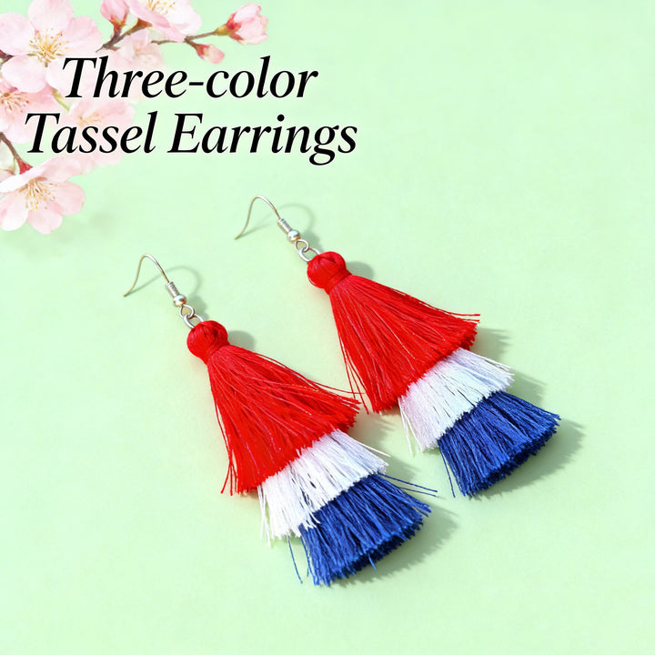 Women's nan tiered fringe tassel statement drop earrings with glitter disc stud and layered silk-like threads Bowlift