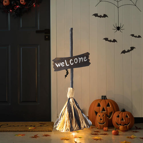 Halloween Welcome Decorative Broom with Rustic Welcome Sign Bowlift