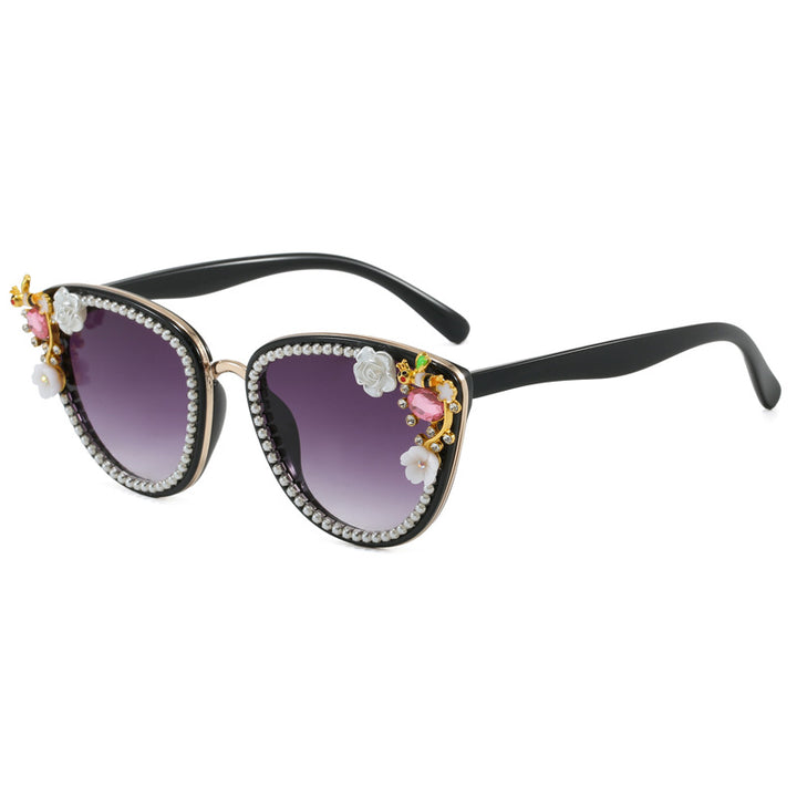 Ladies Glamorous Cat-Eye Sunglasses with Floral Decorations Bowlift