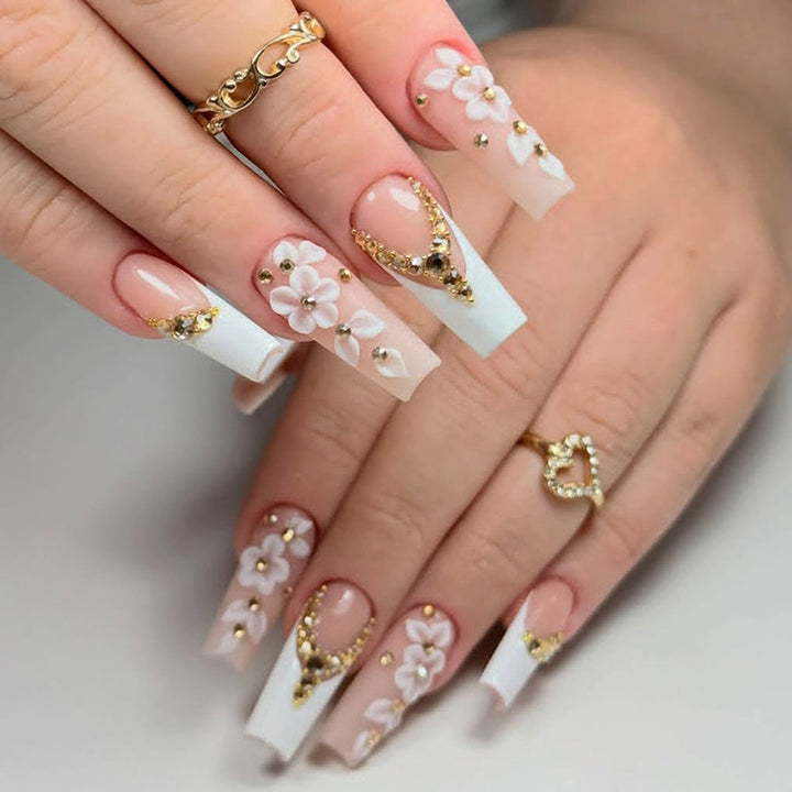Premium Decorative Press-On Nail Set with Floral Embellishments Bowlift