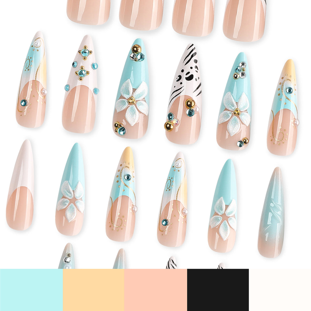 Artistic stiletto nails with floral accents and glitter details Bowlift