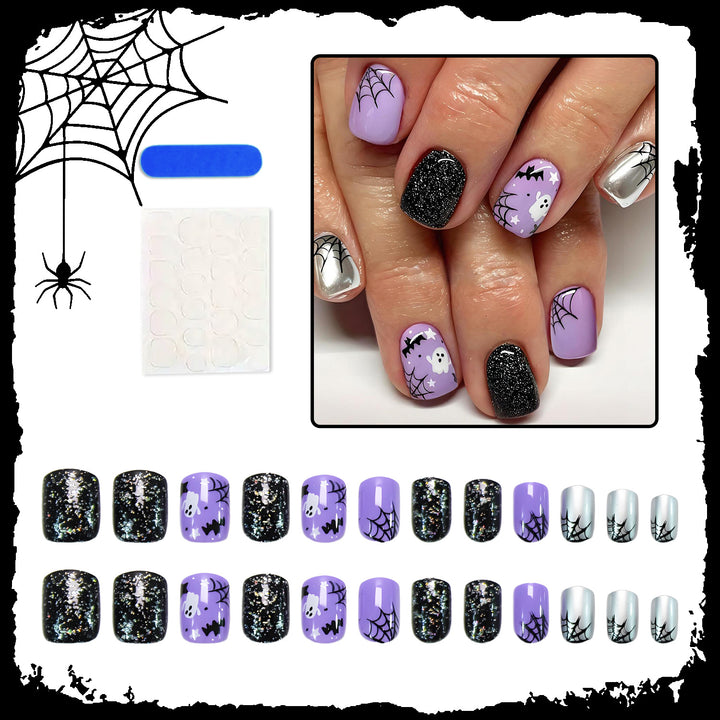 Halloween Artificial Nail Set with Spooky Designs and Glitter Accents Bowlift