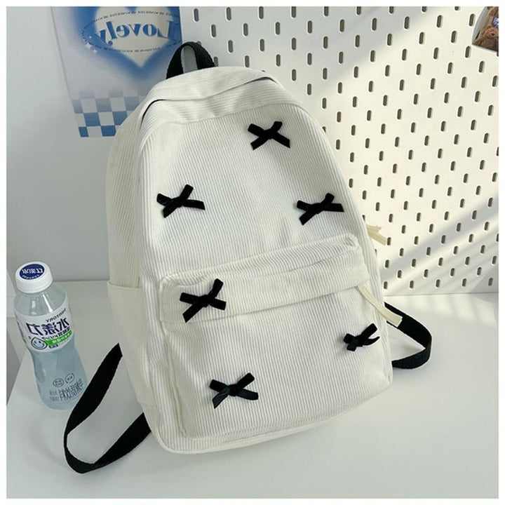 Decorative Bow-Embellished Corduroy Backpack