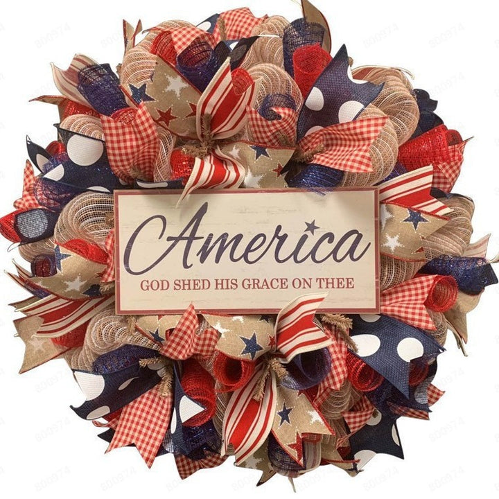 Unisex decorative country house door wreath with overlapping wooden stars and multiple ribbon bows Bowlift