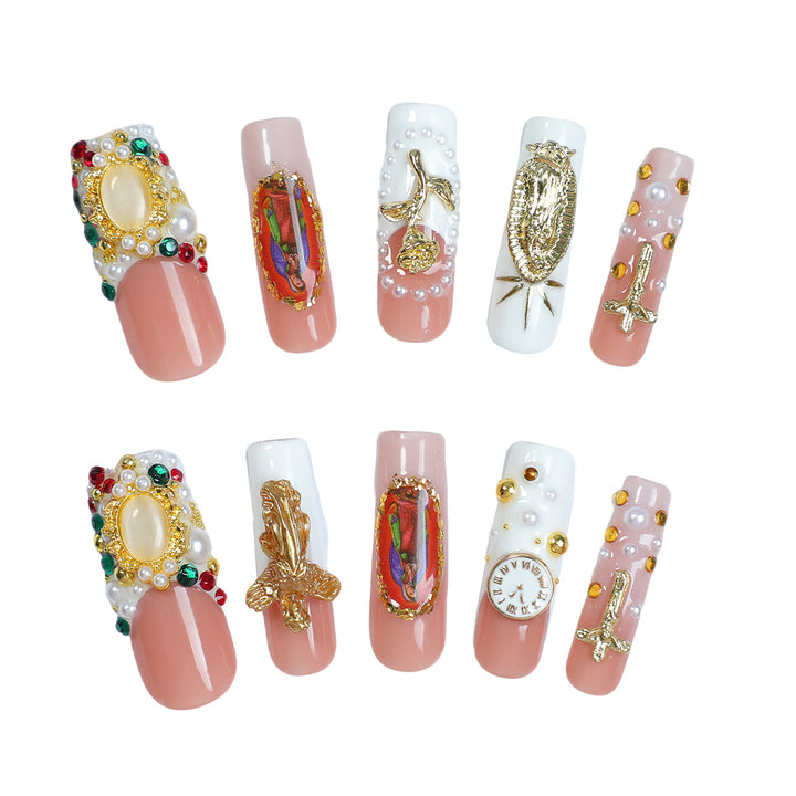 Artificial nail set with luxurious 3D decorations and religious motifs Bowlift
