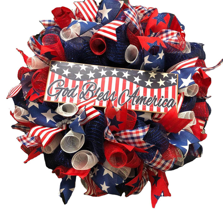 Unisex nan patriotic burlap starburst wreath with layered mesh petals and jute rosette center Bowlift