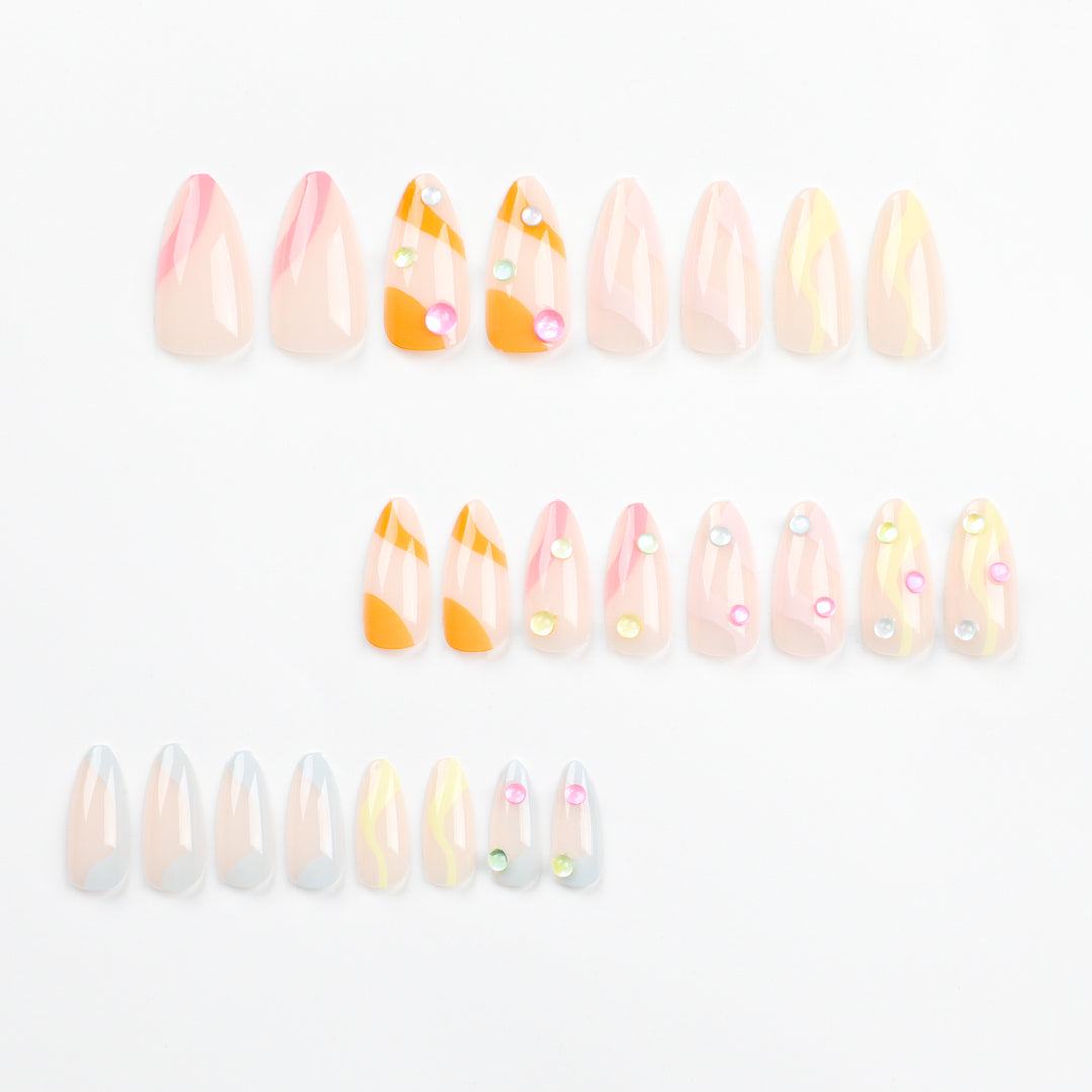 Artistic Nail Extensions with Colorful Design and Glitter Accents Bowlift