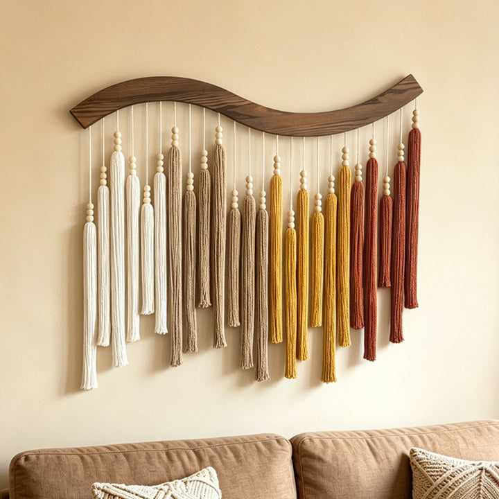 Curved Wooden Rod Macramé Wall Hanging with Long Cotton Tassels Bowlift